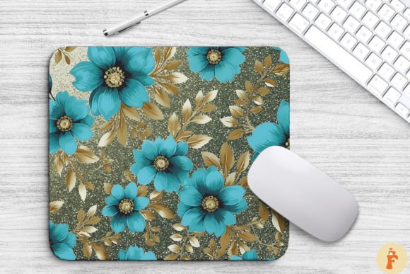 Cyan and Gold Floral Bouquet Mouse Pad