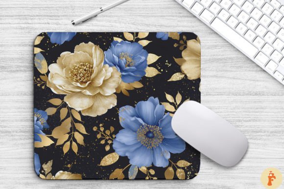 Indigo and Gold Floral Bouquet Mouse Pad