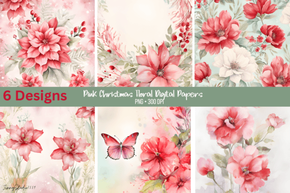 Pink Christmas Floral Digital Papers