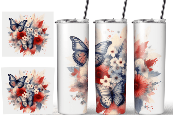 Watercolor Butterflies Patriotic Floral
